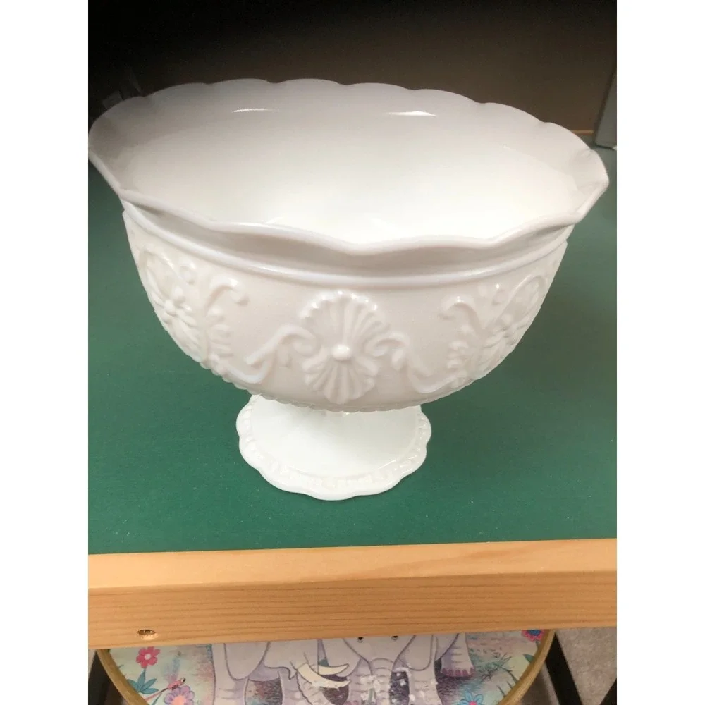 Vintage Milk Glass Pedestal Compote Candy Bowl Scalloped Rim Embossed Floral